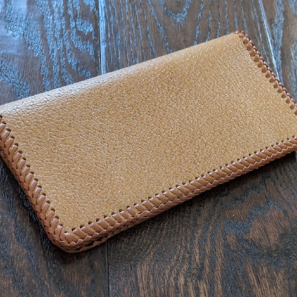 Vintage Tan and Brown Woven Whipstitch Edge Leather Checkbook Wallet